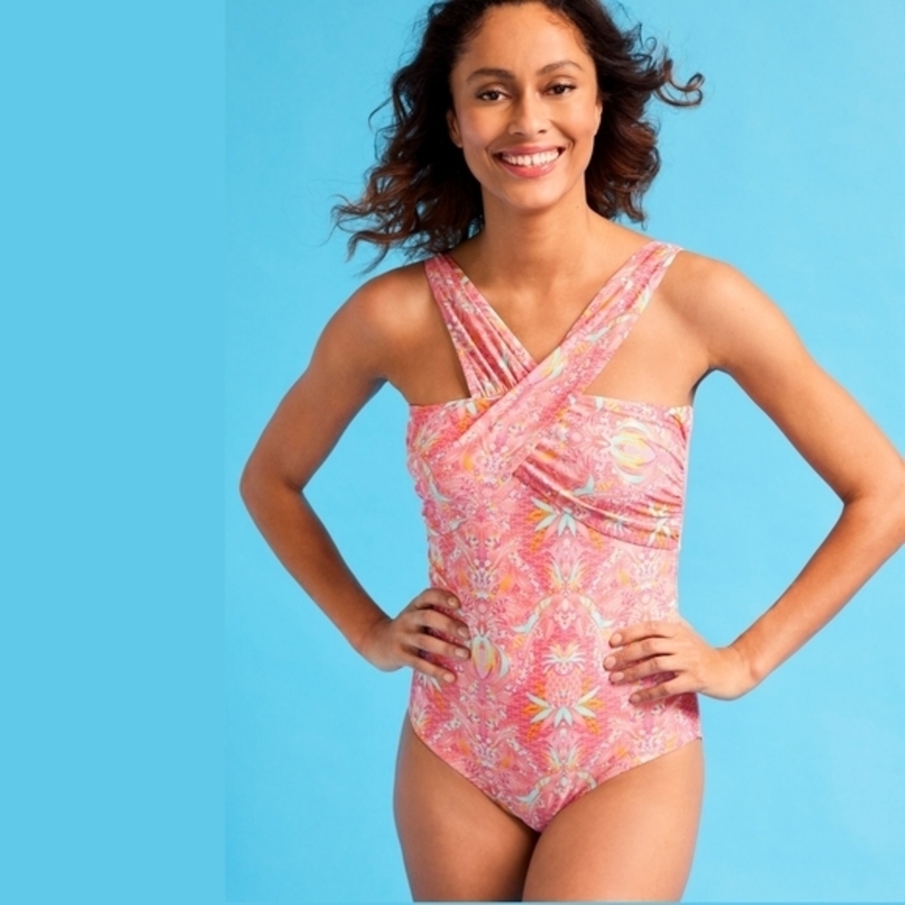 Cabana Life X Talbots Women's Pink Floral Fira Crossover One Piece Swimsuit